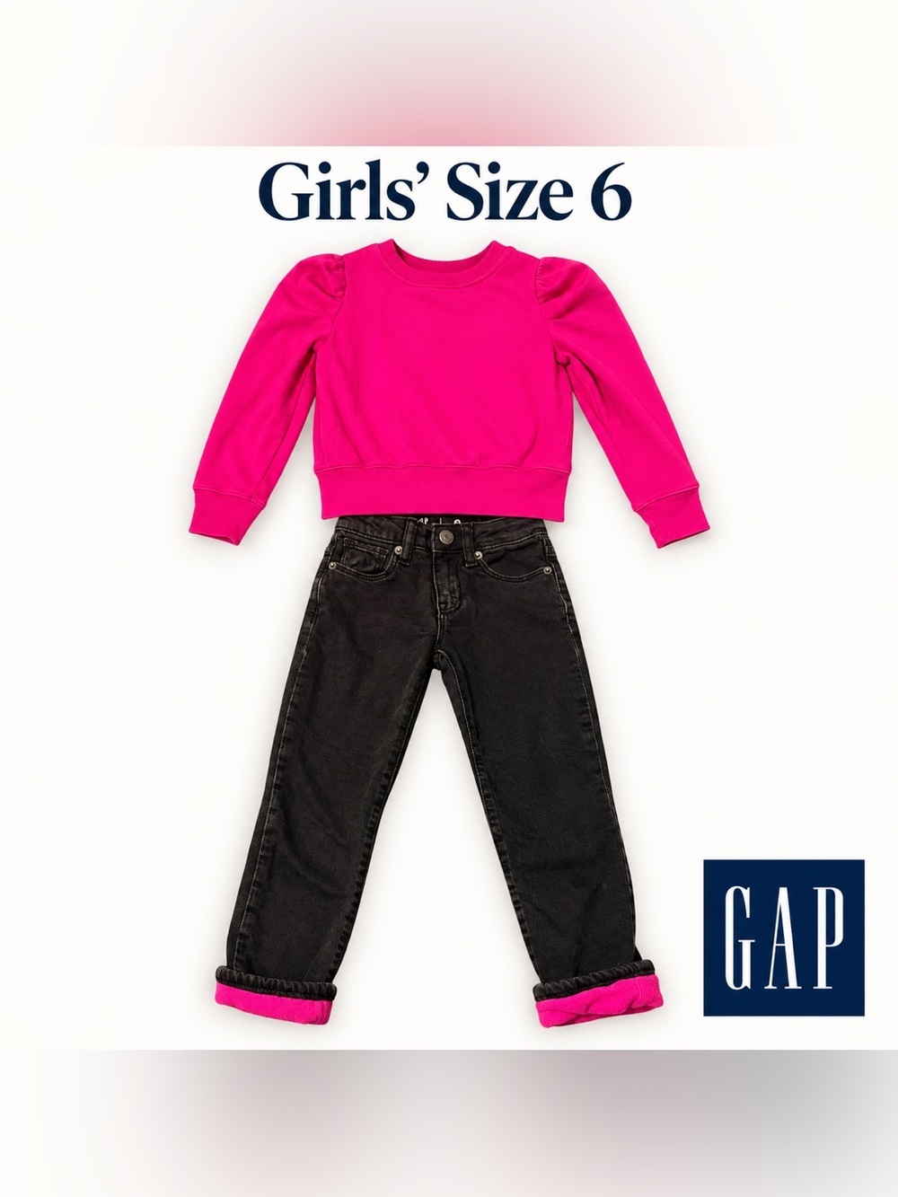 GAP Girls' Bright Pink Sweatshirt with Black Jeans size 6